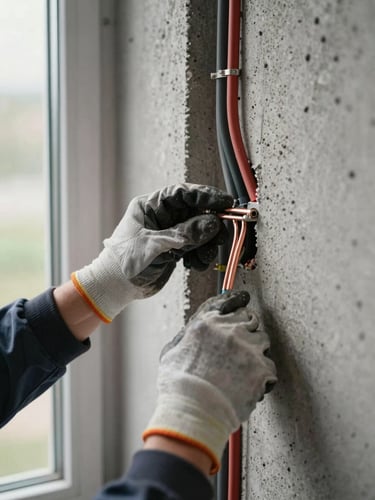 Close-up documentary shot of a technician's hands routing electrical conduit along a concrete wall during a minisplit installation, natural daylight from a side window, copper wiring and conduit clips visible, work gloves and cable ties in frame
