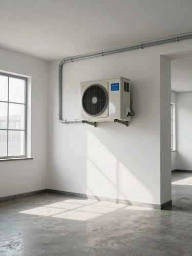 Wide-angle interior shot of a commercial space with a newly mounted minisplit unit on a white wall, refrigerant lines routed neatly along the ceiling corner, natural daylight from side windows, concrete floor, empty room showing the full installation in context