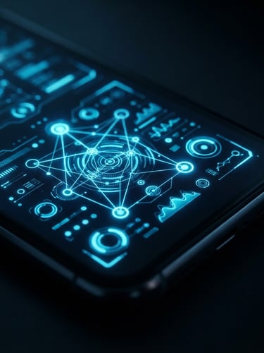 Tight macro shot of a sleek Android device screen emitting a vibrant neon-blue UI glow, showcasing clean geometric micro-interactions, dark ambient background, 35mm lens