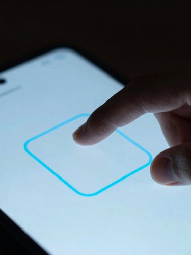 Macro close-up of a developer's hand tapping a high-fidelity Android screen, displaying a minimal user interface with vibrant neon-blue accent lines, low-key ambient lighting.