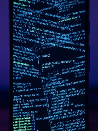 Macro close-up of a clean Android device screen showing a terminal interface with neon blue code lines, dark background, soft violet ambient glow, 35mm lens