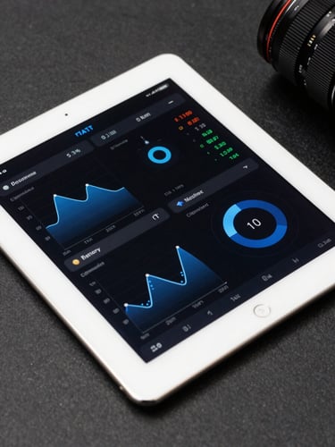 Clinical flat-lay UI mockup of a battery diagnostic dashboard on a clean white tablet, displaying electrochemical telemetry charts, health scores, and technical blue accents.