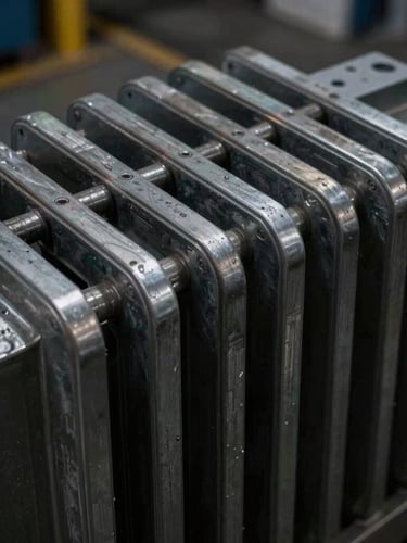 Macro shot of a massive steel transformer core under low-key industrial lighting, deep shadows, raw metallic textures.