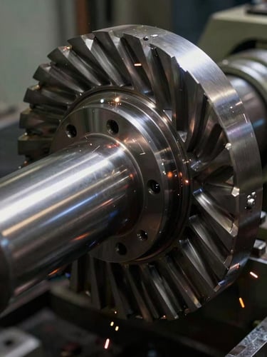 Extreme close-up of a massive steel rotor shaft on a lathe, sparks from welding visible in high-contrast low-key lighting.