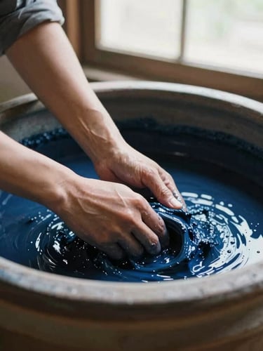 Close-up of a large ceramic vat filled with deep indigo plant dye, hands gently stirring the liquid, soft morning window light, organic textures, editorial fashion photography style.