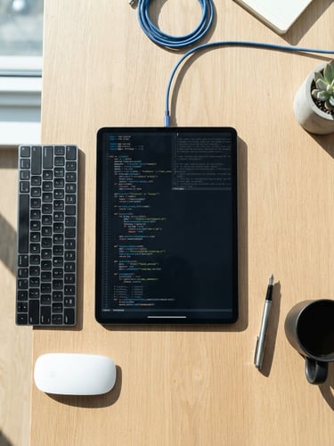 Straight-on flat-lay of a modern digital workspace, clean tablet displaying code, sharp shadows, electric blue accents, high-key natural daylight