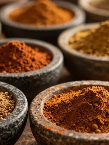 Close-up of textured heritage spices in hand-carved stone bowls, dramatic single-source side lighting highlighting rich ochre, terracotta, and amber tones.