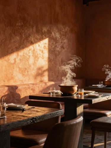 Warm golden-hour interior of an elegant contemporary African restaurant, rich terracotta plaster walls, dark charcoal wooden tables, dramatic single-source side lighting casting deep shadows, steam rising from clay pots in the background, highly sophisticated editorial feel.