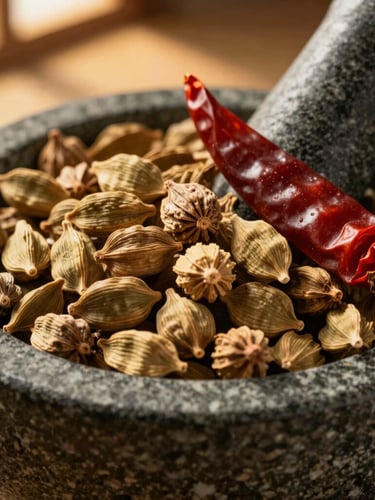 Close-up of textured whole spices, cardamom pods, and dried chilies in a dark stone mortar, warm golden-hour window light, dramatic shadows