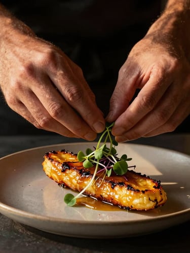 Hands of a chef carefully placing a microgreen garnish onto a beautifully plated, caramelized plantain dish, dramatic side-lighting with deep charcoal shadows, fine-dining presentation.