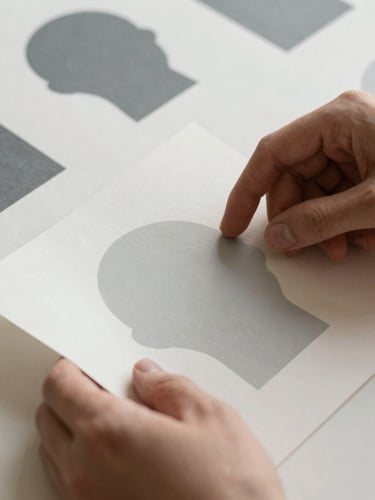 Close-up portrait shot of hands examining physical prototypes of a brand identity on heavy paper stock, soft natural north-facing daylight, shallow depth of field, muted charcoal and alabaster tones.