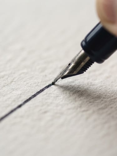 Macro close-up of ink on heavy, textured paper stock, with a sharp, clean line being drawn, soft natural north-facing daylight, shallow depth of field.