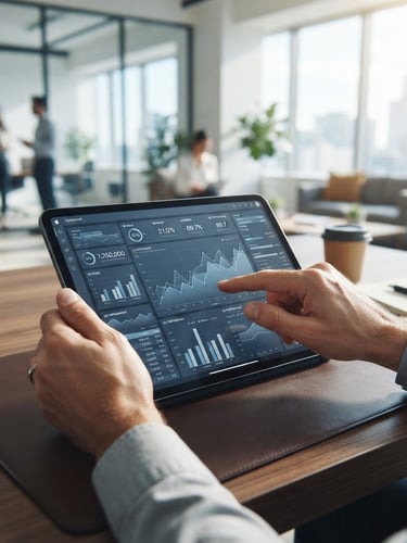 Modern, sunlit corporate workspace, close-up of hands analyzing a clean digital financial dashboard on a tablet, cool blue and slate tones, sharp focus, professional corporate setting, 35mm