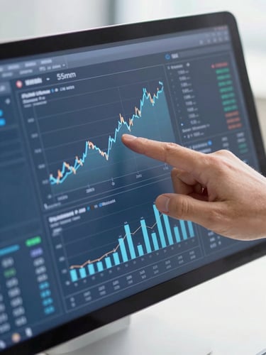 Close-up of hands analyzing a clean digital dashboard with financial charts, bright natural daylight, cool blue and slate tones, professional corporate setting, 35mm