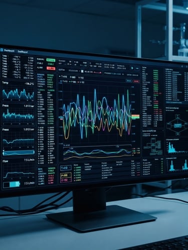 Sleek technical photography of a high-fidelity dark-mode laboratory dashboard interface displaying active telemetry lines and monospace data readouts on a monitor, cool sterile laboratory lighting, deep blues and neon accents, 35mm