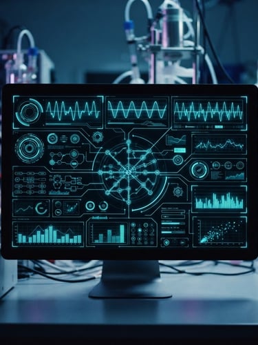 Sleek technical photography of a modern laboratory dashboard interface on a dark screen, glowing neon cyan telemetry lines, sharp focus, 35mm