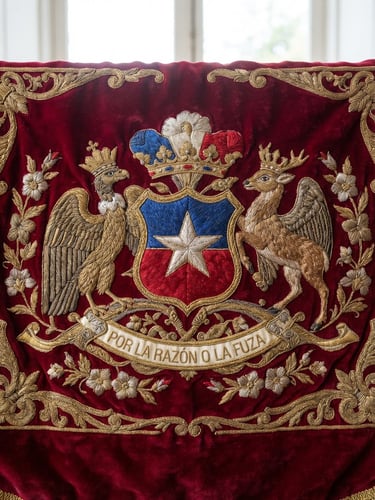 Close-up of a high-density embroidered Chilean coat of arms on a velvet ceremonial banner, rich golden threads, macro texture, professional indoor lighting.