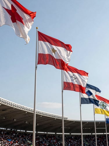 Massive colorful flags waving in a crowded sports stadium under a bright clear sky, dynamic composition, rich textile textures.