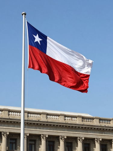 A grand Chilean national flag flying high on a tall steel mast in front of a classic neoclassical government palace in Santiago, clear blue sky, crisp natural daylight, 50mm lens