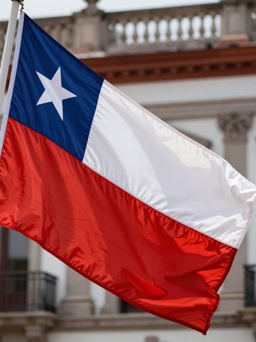 Close-up of a ceremonial national flag of Chile waving outside a historic municipal building, bright natural daylight, rich colors.