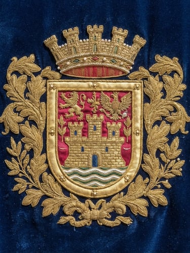 Close-up of a hand-embroidered municipal coat of arms with high-density gold threads on deep blue velvet, sharp textile textures, professional ceremonial lighting, 50mm lens