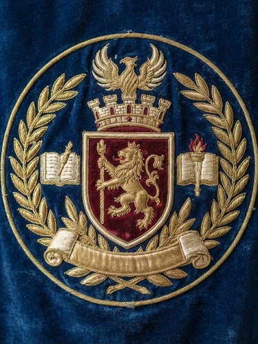 Close-up of a richly embroidered school crest on a deep blue velvet banner, high-density gold thread stitching, soft ceremonial indoor lighting, 50mm lens, sharp textile texture