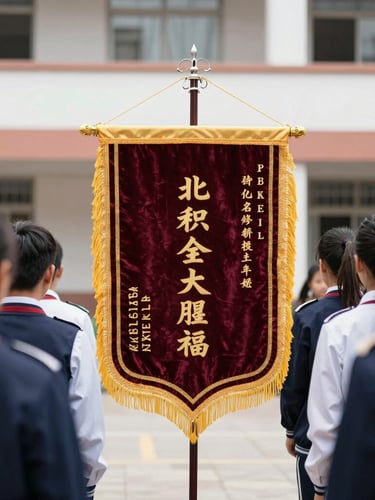 Traditional school courtyard with students in ceremonial uniforms, holding a high-density embroidered velvet banner with gold tassels.