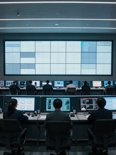 Stark, wide-angle cinematic view of a modern high-speed railway control room, cool blue and slate tones, multiple monitoring screens reflecting structured light.