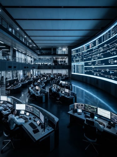 Wide environmental shot of a modern railway network control room, cool cinematic blue lighting, high-contrast slate tones, structured clean architecture, wide-angle lens