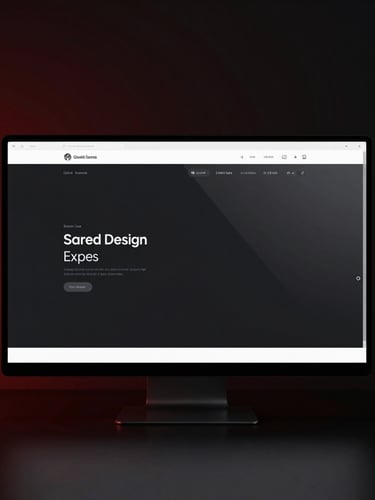 Sleek front-facing digital mockup of a web design displayed on a glossy screen with subtle glass reflections, dark background with a sharp red accent