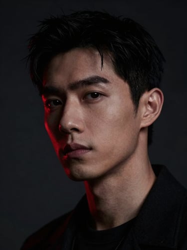 Sleek close-up portrait of a subject under low-key dramatic spotlighting, deep charcoal background, sharp red gel accent on the side, cinematic 85mm