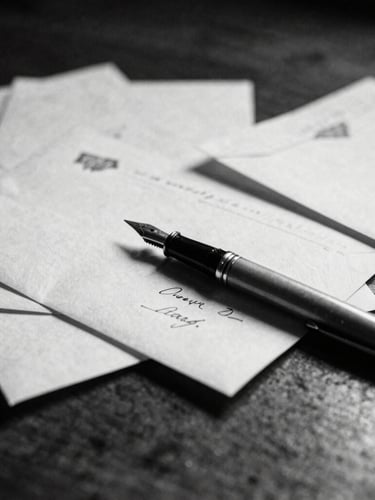 Moody close-up of vintage archival documents, old letters, and a fountain pen resting on a dark wooden table, dramatic side-lighting, high contrast, 35mm film grain style