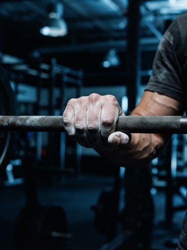 Dynamic close-up of chalked hands gripping a heavy steel barbell, moody athletic gym lighting with cool blue highlights, deep shadows, sharp focus, 35mm film.
