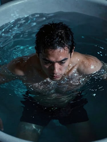 Dynamic close-up of an athlete submerged in a cold plunge, ice water, intense focus, moody high-contrast lighting with cool blue highlights, sharp focus, 35mm film.