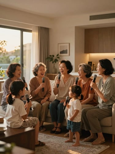A multi-generational Chinese-Australian family singing together in a modern open-plan Australian living room, warm golden-hour light, holding wireless microphones, laughing, 35mm photography