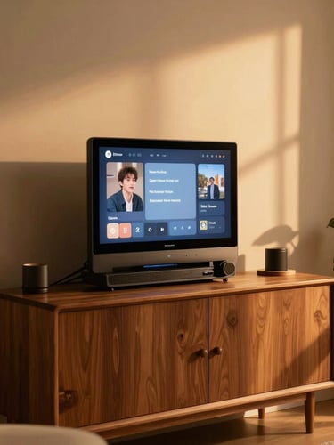 A warm, high-end editorial lifestyle photography of a modern Australian home living room with soft golden evening light, a sleek premium touchscreen karaoke console sitting on a wooden cabinet, cozy atmosphere, 35mm