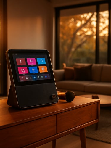 A sleek modern Australian open-plan living room during golden hour, a premium wooden console table with a high-end karaoke touchscreen console, warm sunlight filtering through large windows, 35mm photography