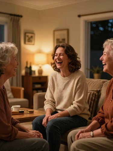 Warm family gathering in an Australian home, three generations laughing and singing together, cozy evening ambient light, shallow depth of field