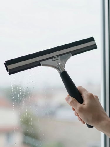 Close-up of a professional squeegee wiping clean water off a window pane, reflecting the soft overcast sky of Rouen, bright natural light, minimalist scandinavian style, 35mm lens