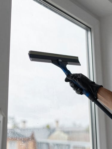 Close-up of a professional window cleaner squeegeeing a large window pane in Rouen, bright overcast daylight, water droplets glistening on glass, 35mm lens.