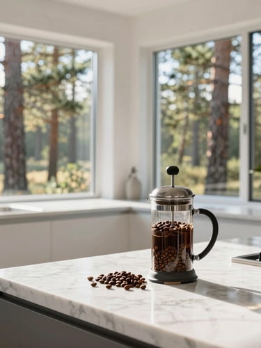 A bright, sun-drenched modern kitchen interior with large windows looking out to pine trees, fresh local coffee beans and a French press on a clean marble countertop, warm morning light