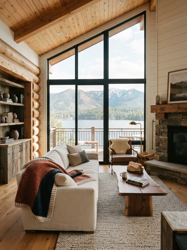 Sunlit mountain-modern cabin interior with large windows overlooking a serene Idaho lake, bright editorial photography, warm natural daylight, 35mm lens