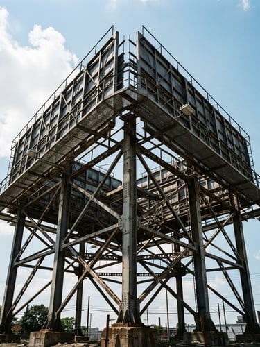 Low-angle hero shot of a massive steel-framed outdoor billboard structure under high-contrast daylight, dramatic shadows, industrial scale, 35mm film style