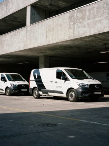 Low-angle architectural shot of a branded corporate fleet vehicle wrapped in high-contrast graphics, parked in a modern concrete urban environment, dramatic shadows, 35mm film style