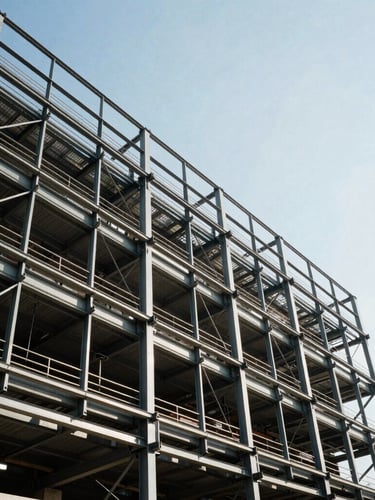 Low-angle architectural shot of a massive freshly installed steel billboard structure in an urban environment, crisp daylight, sharp shadows, industrial scale