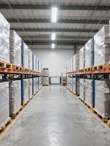 Interior of an organized modern fulfillment center with clean palletized shipments, bright high-key warehouse lighting, architectural symmetry.