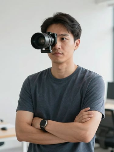 Professional eye-level portrait of a technical consultant in a bright, clean studio setting, natural daylight, minimalist workspace background.