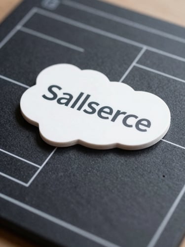 Macro crop of clean Salesforce schema, white line diagrams on dark slate background, high-fidelity technical UI, bright daylight lighting.