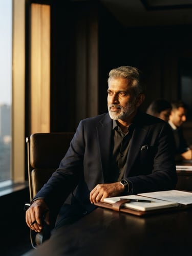 Low-key editorial portrait of Sharath Kumar in a dark architectural boardroom, dramatic golden-hour side-lighting, 35mm lens