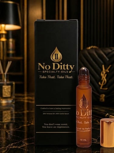 No Ditty Specialty Oils 25% Extrait de Parfum and Jojoba Oil roll-on bottle with brand perfume fragrance oil packaging. Men